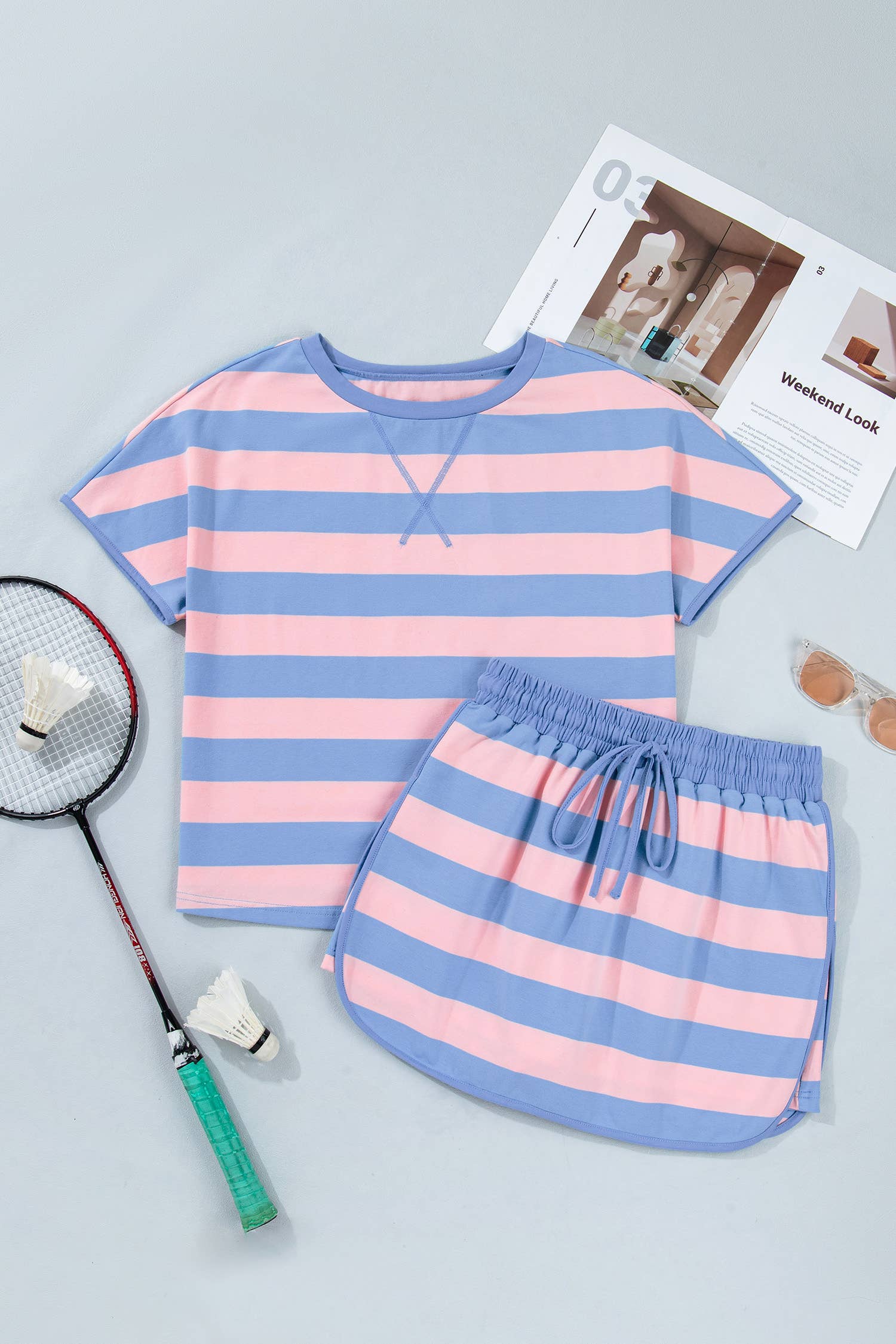 LAS Stripe Dolman Tee Drawstring Skort 2pcs Set (S-2XL)