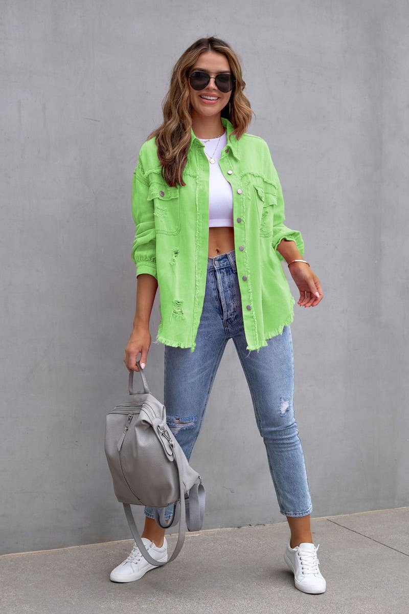 Old solid color denim coat with lapel and ripped raw edge