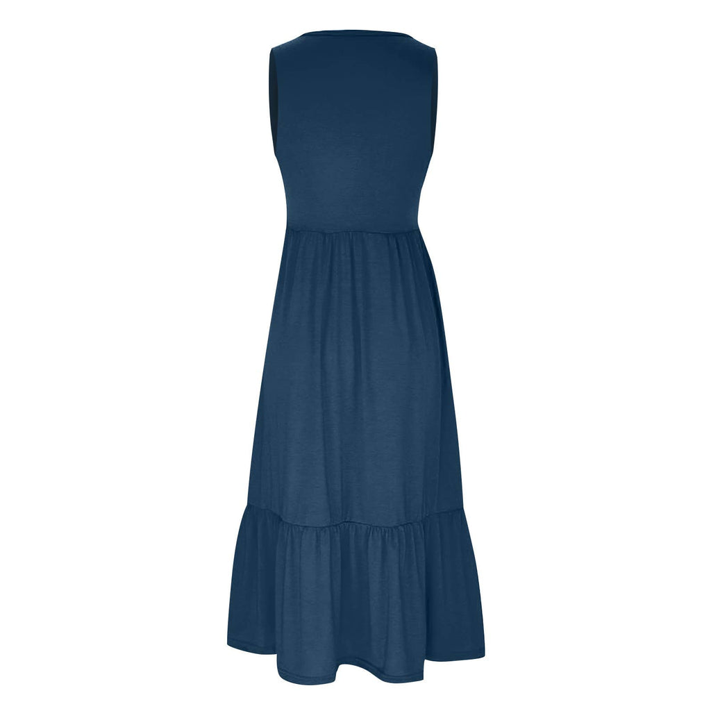Ladies Sleeveles Pockets Simple Midi Dress 9123