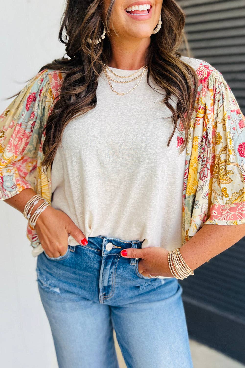 Beige Floral Patchwork Batwing Sleeve Round Neck Blouse