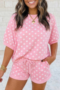 Casual Polka Dot Short Sleeve Top and Drawstring Shorts Set