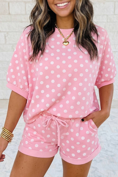 Casual Polka Dot Short Sleeve Top and Drawstring Shorts Set