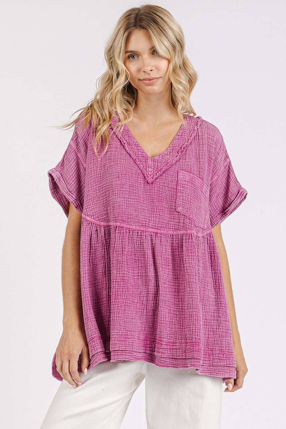 MINERAL WASH GAUZE BABYDOLL V-NECK OVERSIZED TOP