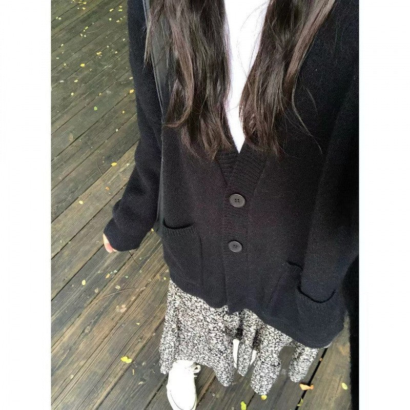 Retro V-Neck Long Sleeve Loose Knit Cardigan for Women Casual Oversized Sweater Coat