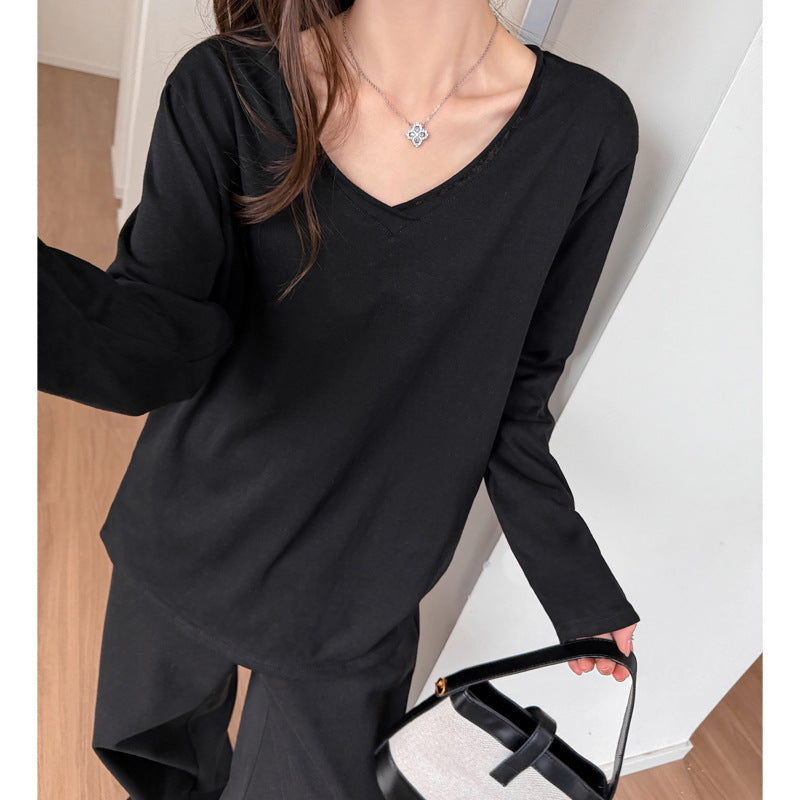 Relaxed long sleeve T-shirt for women, V-neck, snowflake cotton, inner wear or outer layer, straight shoulder, fashionable basic, loose fit, slimming top