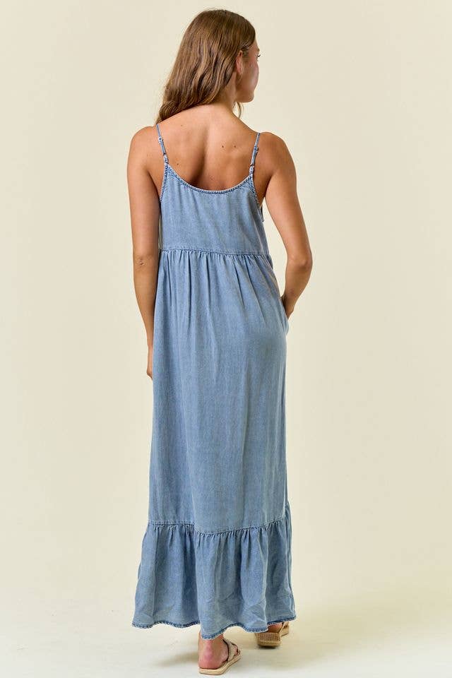 Tencel Chambray Tiered Ruffled Skirt Midi Dress - 28028D