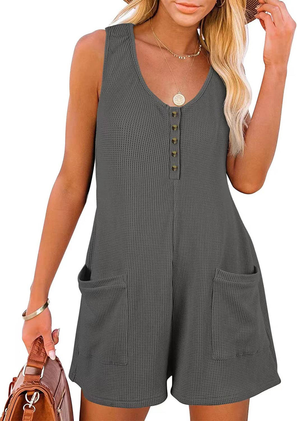 Henley waffle romper pocket short jumpsuit