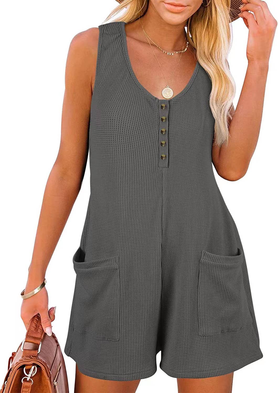 Henley waffle romper pocket short jumpsuit