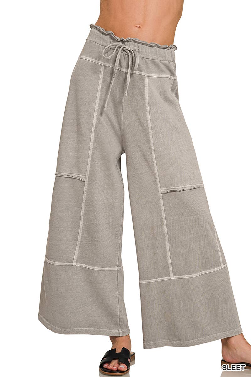 French Terry Washed Wide Leg Pants w/ Pockets - Zenana