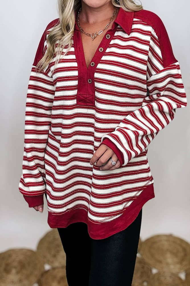 Oversized Striped Fleece Pullover Stand Collar Top CY167