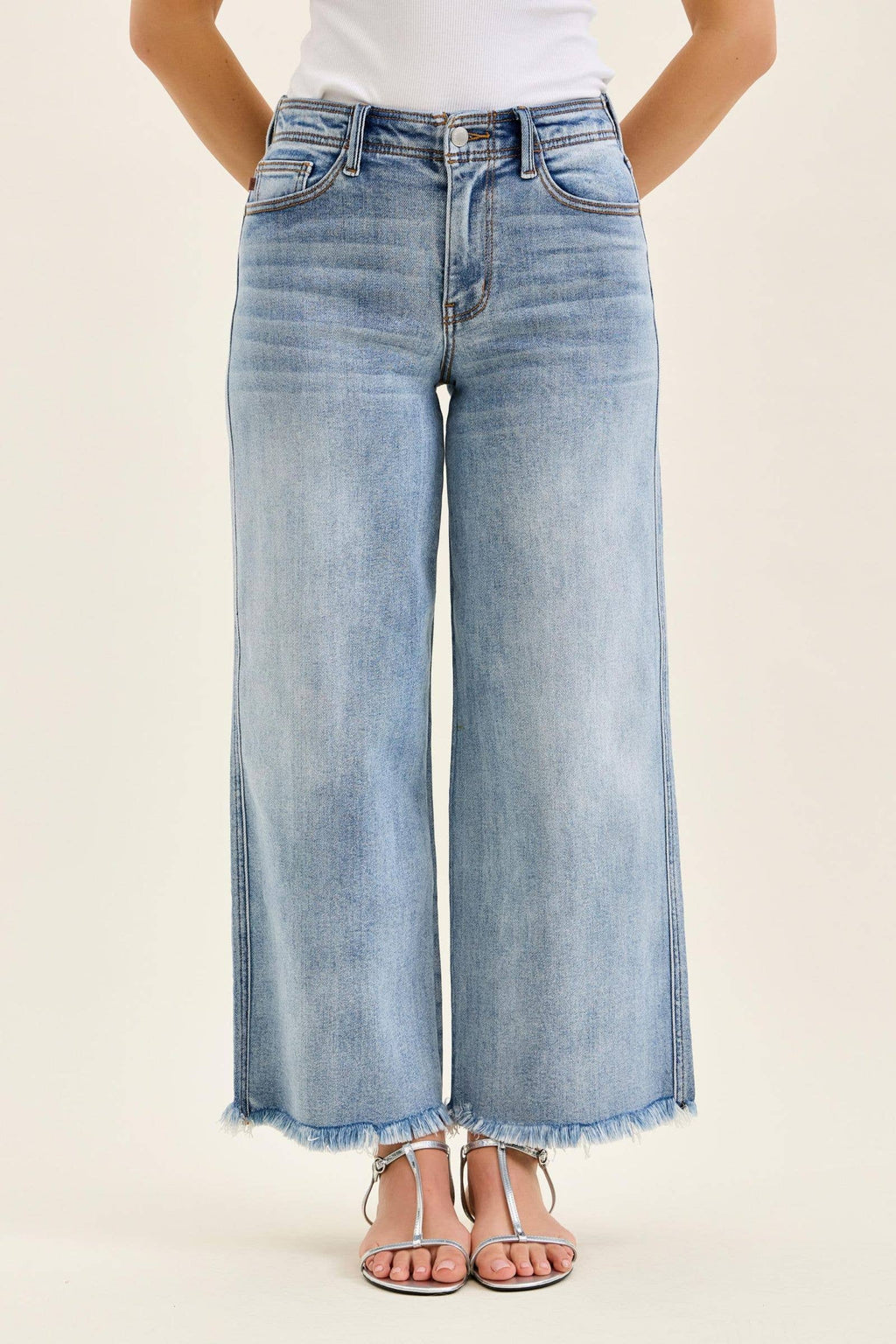 Judy Blue Mid Rise Light Wash Ankle Wide Leg Jeans with Hollywood Waistband & Fray Hem