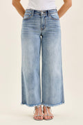 Judy Blue Mid Rise Light Wash Ankle Wide Leg Jeans with Hollywood Waistband & Fray Hem