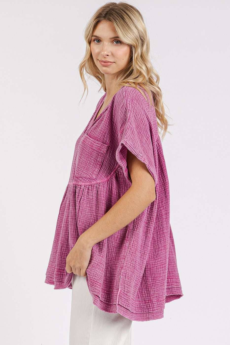 MINERAL WASH GAUZE BABYDOLL V-NECK OVERSIZED TOP