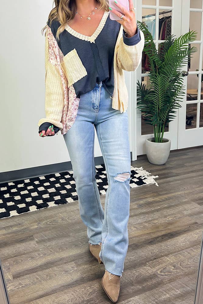 Floral Waffle Knit Color Block Pullover Top CY163
