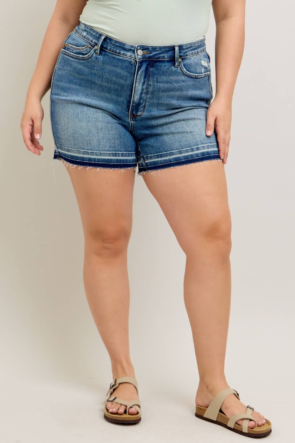 MR Tummy Control Vintage Wash Release Hem Shorts - PLUS