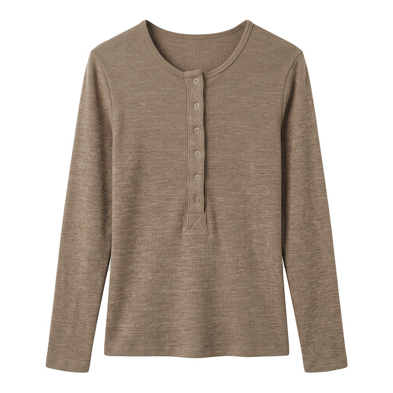 Feminine Henley Neck Long Sleeve T-Shirt for Women, Fitted Slim Design, Buttoned Crew Neck, Regular Shoulder