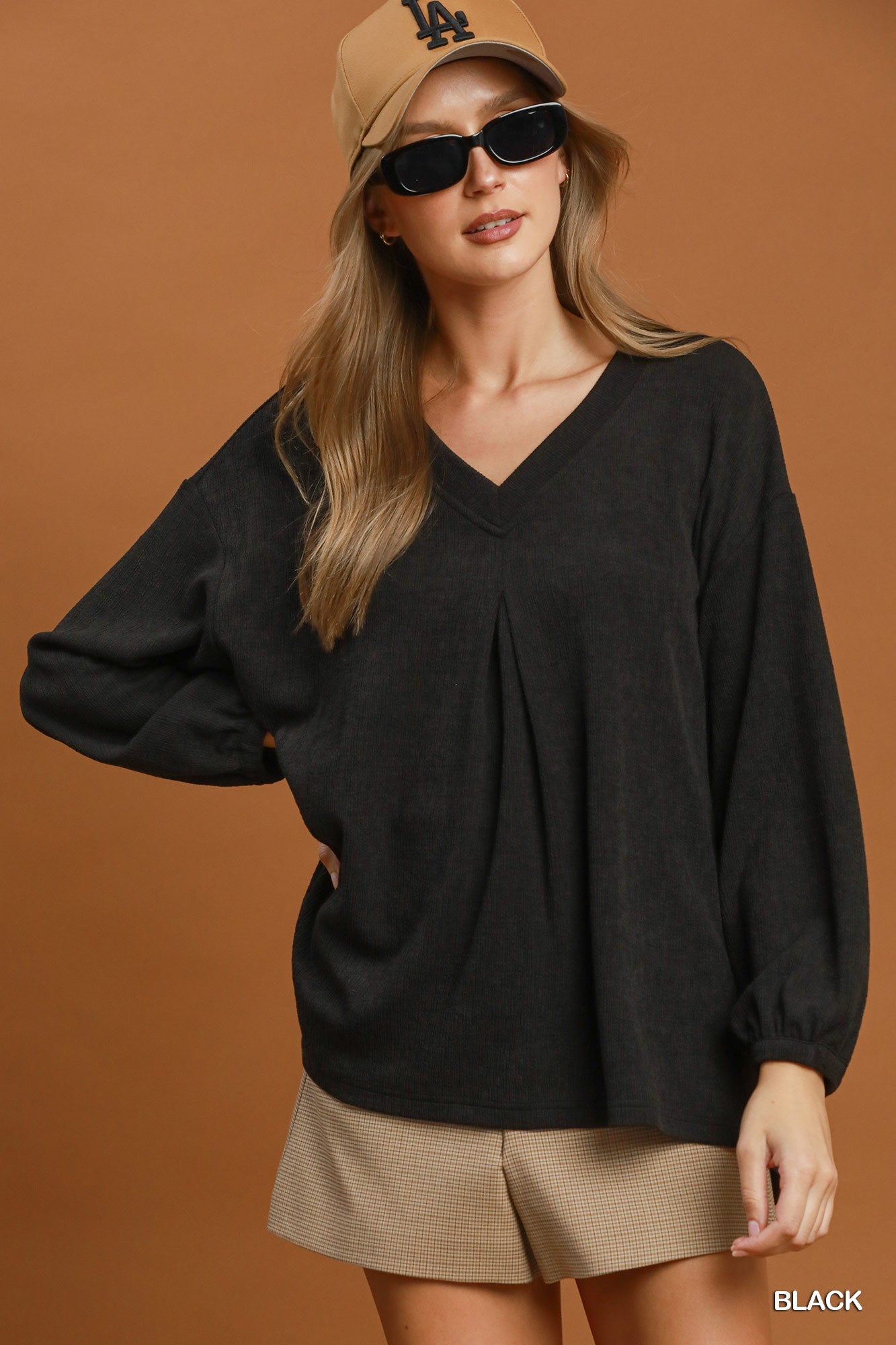 Umgee Pucker Cord Knit Blouse Plus