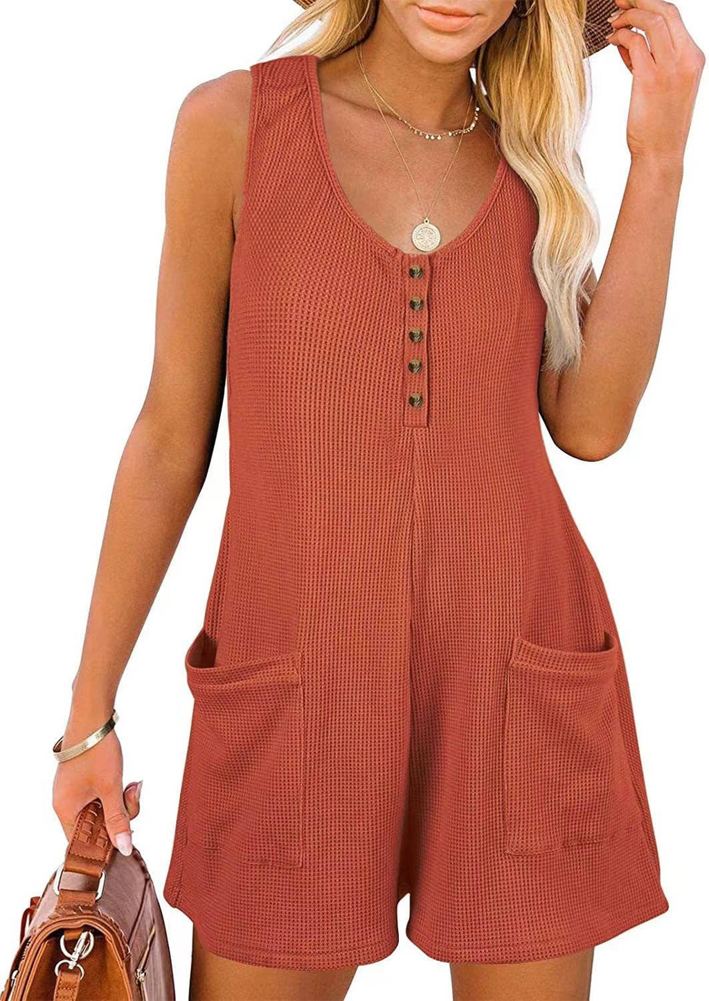 Henley waffle romper pocket short jumpsuit