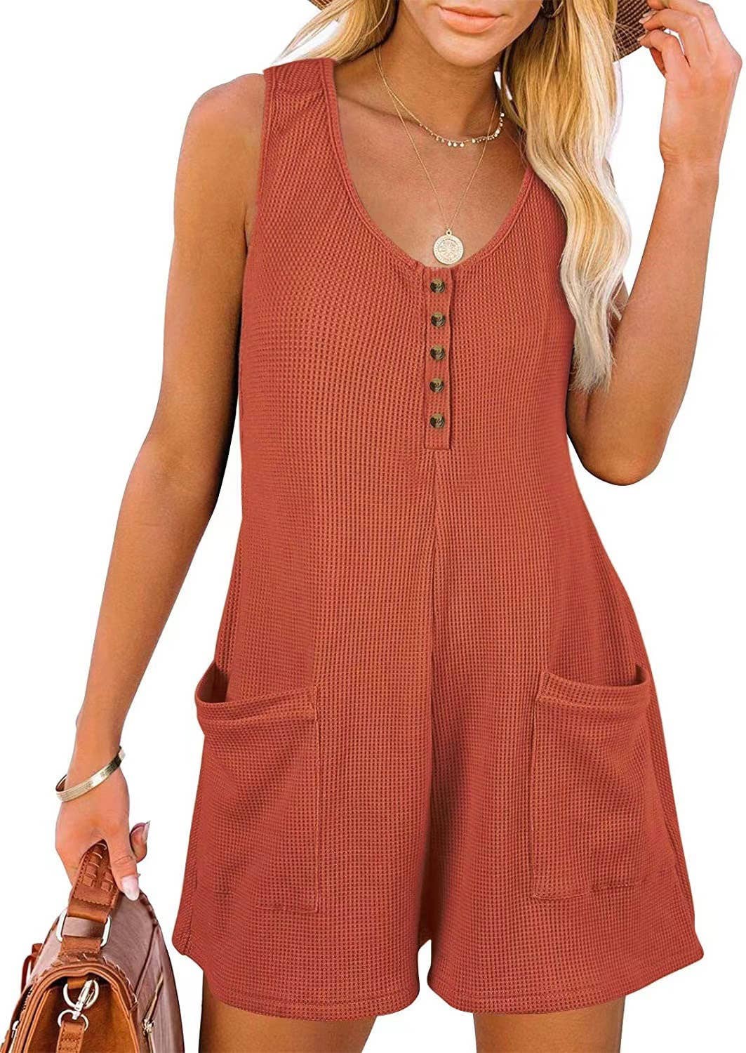 Henley waffle romper pocket short jumpsuit