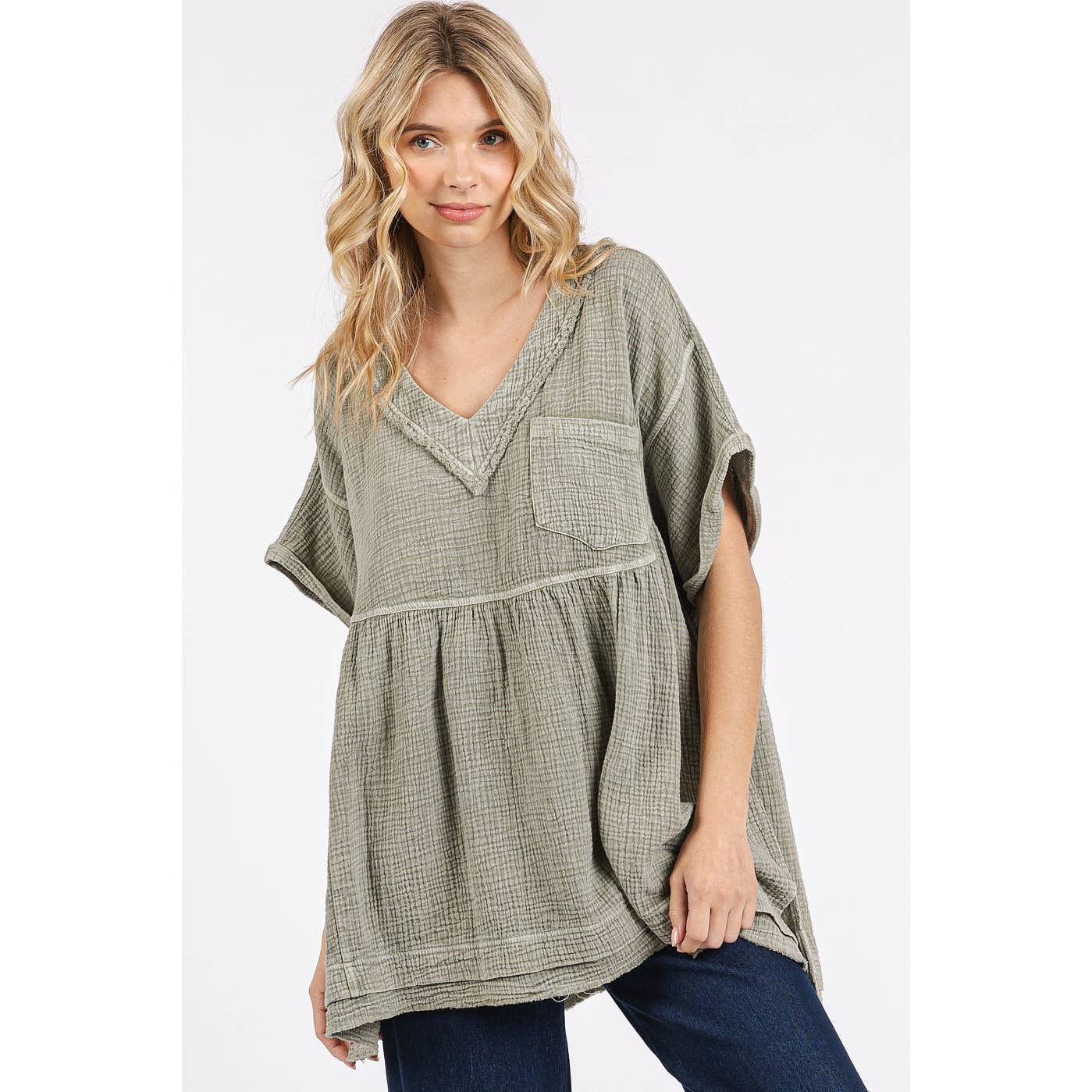 MINERAL WASH GAUZE BABYDOLL V-NECK OVERSIZED TOP