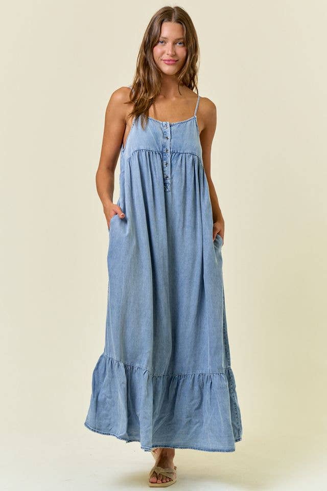 Tencel Chambray Tiered Ruffled Skirt Midi Dress - 28028D