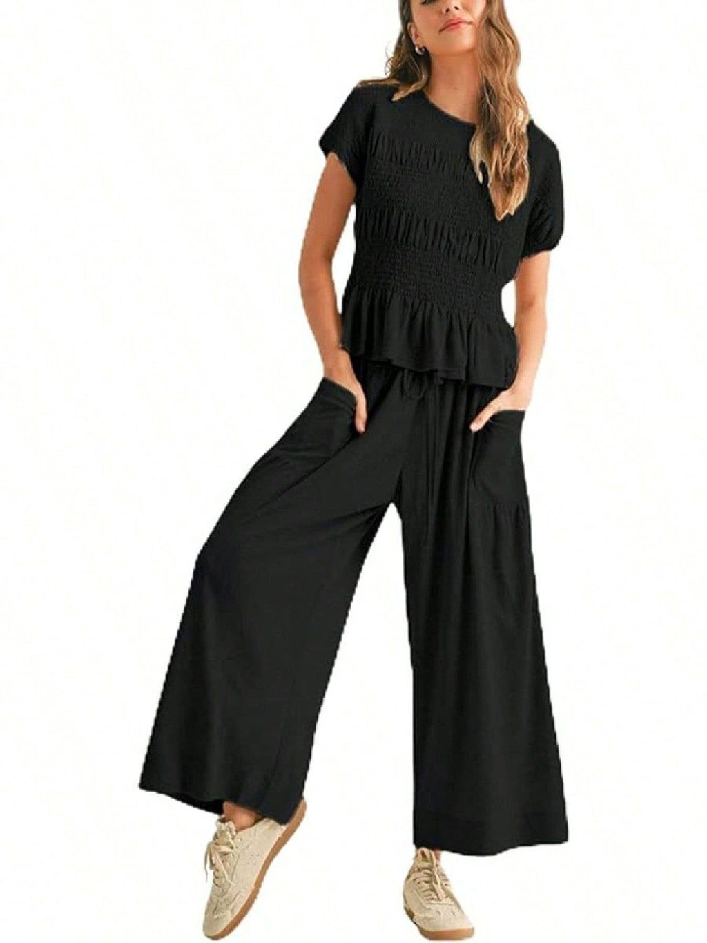 Ruffles Smocked Boho Top & Wide-Leg Pants Set