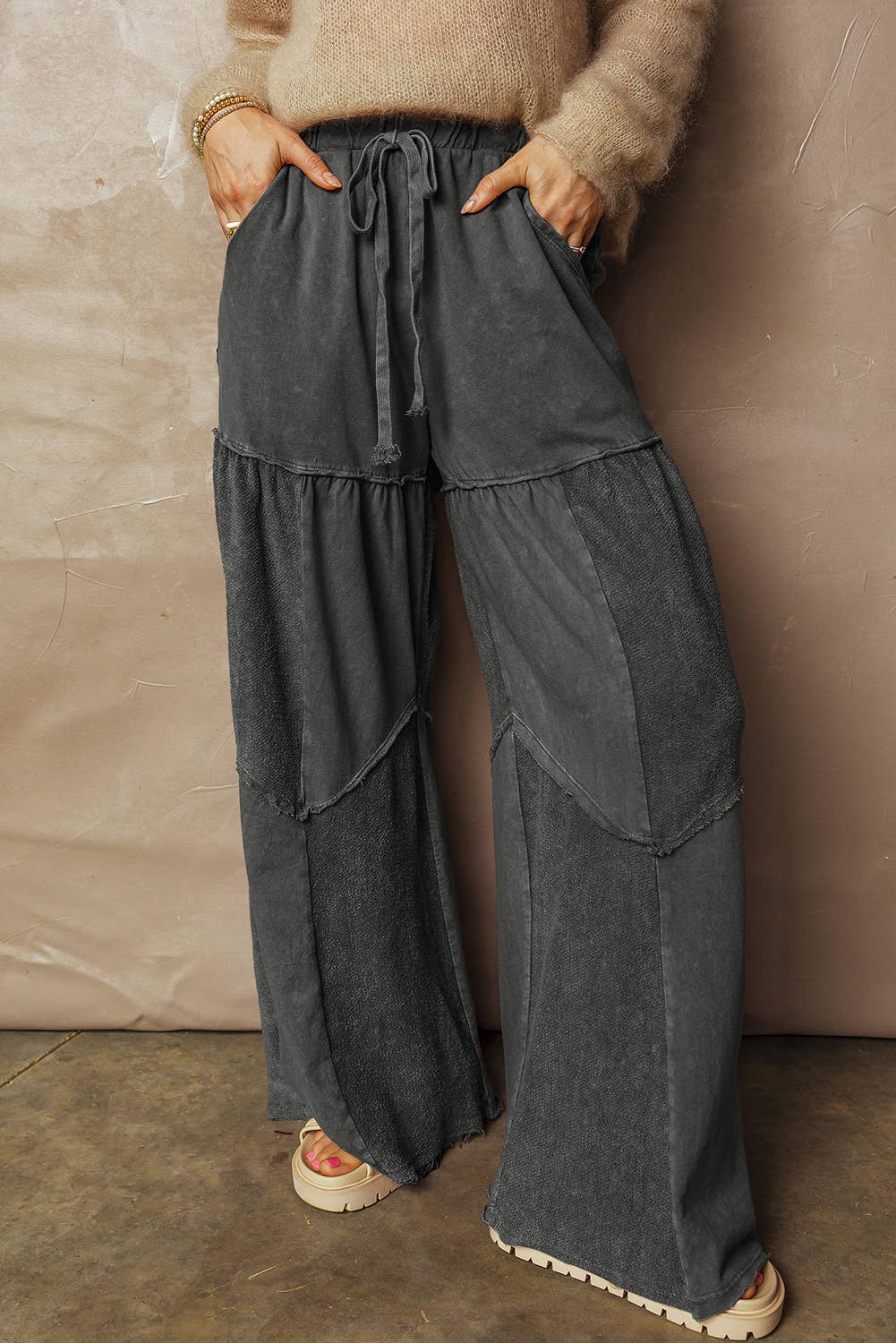 Mineral Wash Tiered Wide Leg Patchwork Drawstring Pants S-4X
