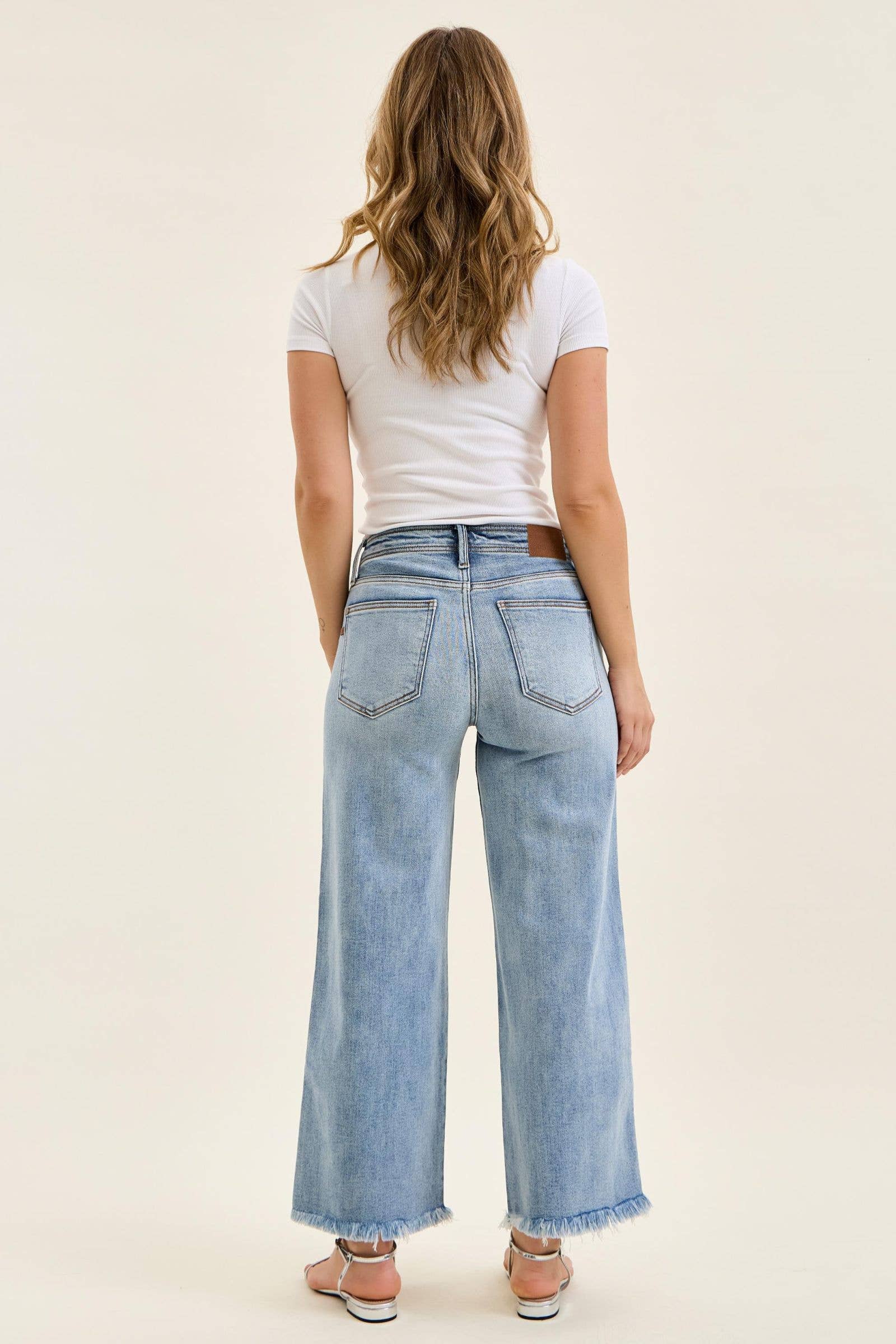 Judy Blue Mid Rise Light Wash Ankle Wide Leg Jeans with Hollywood Waistband & Fray Hem