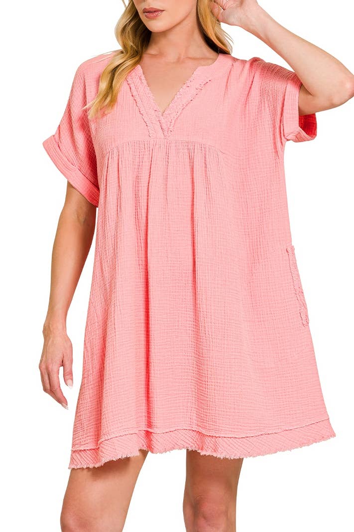 Double Gauze Raw Edge V-neck Dress