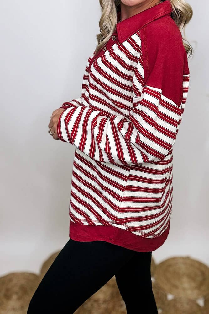 Oversized Striped Fleece Pullover Stand Collar Top CY167