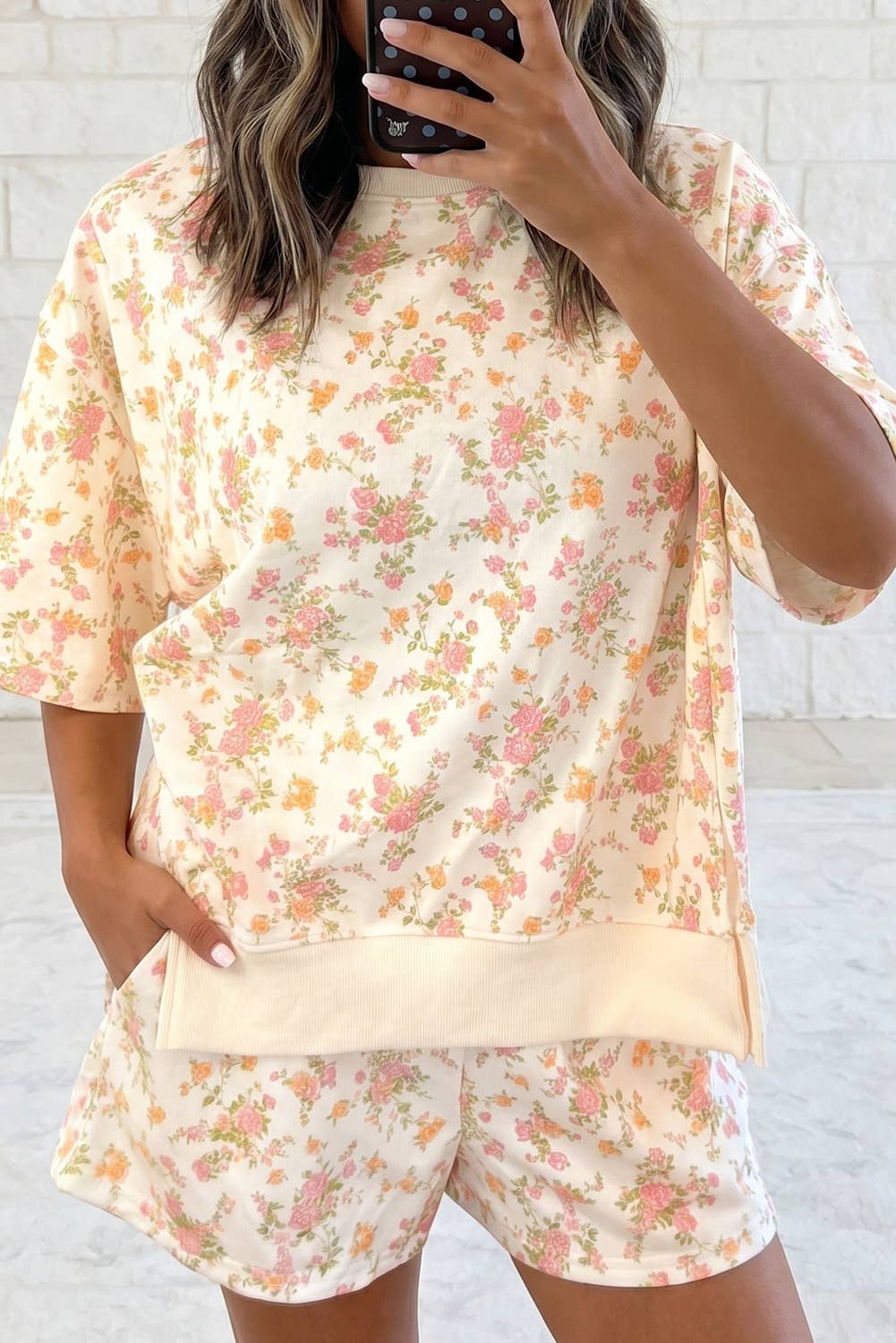 Floral Oversize Sweat Tee Elastic Waist Pocket Short 2PC Set