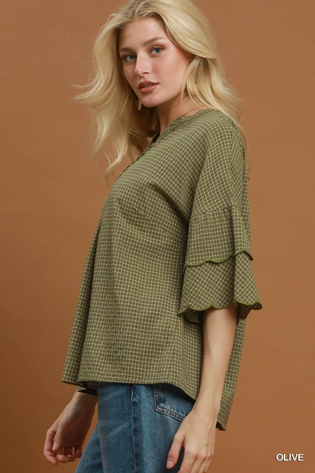 Checkered Tiered Ruffle Sleeve Blouse