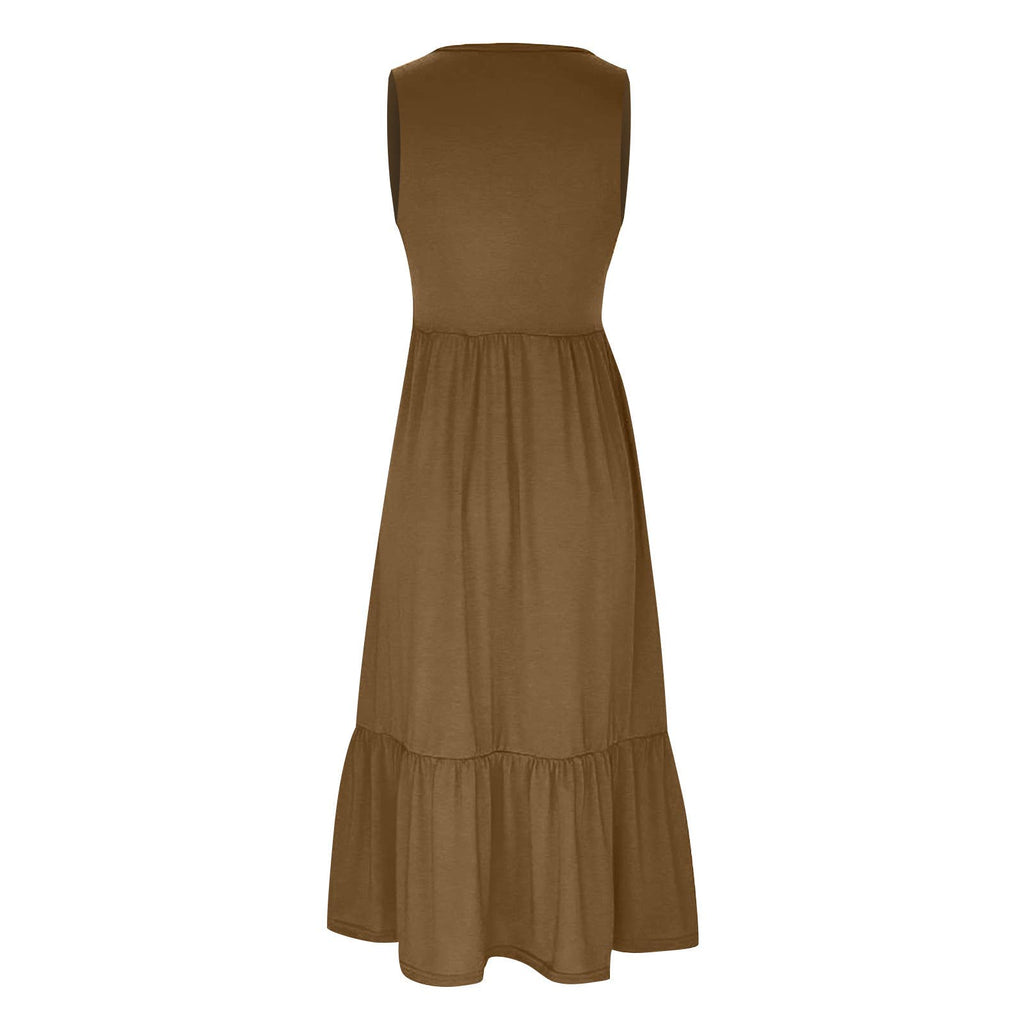 Ladies Sleeveles Pockets Simple Midi Dress 9123