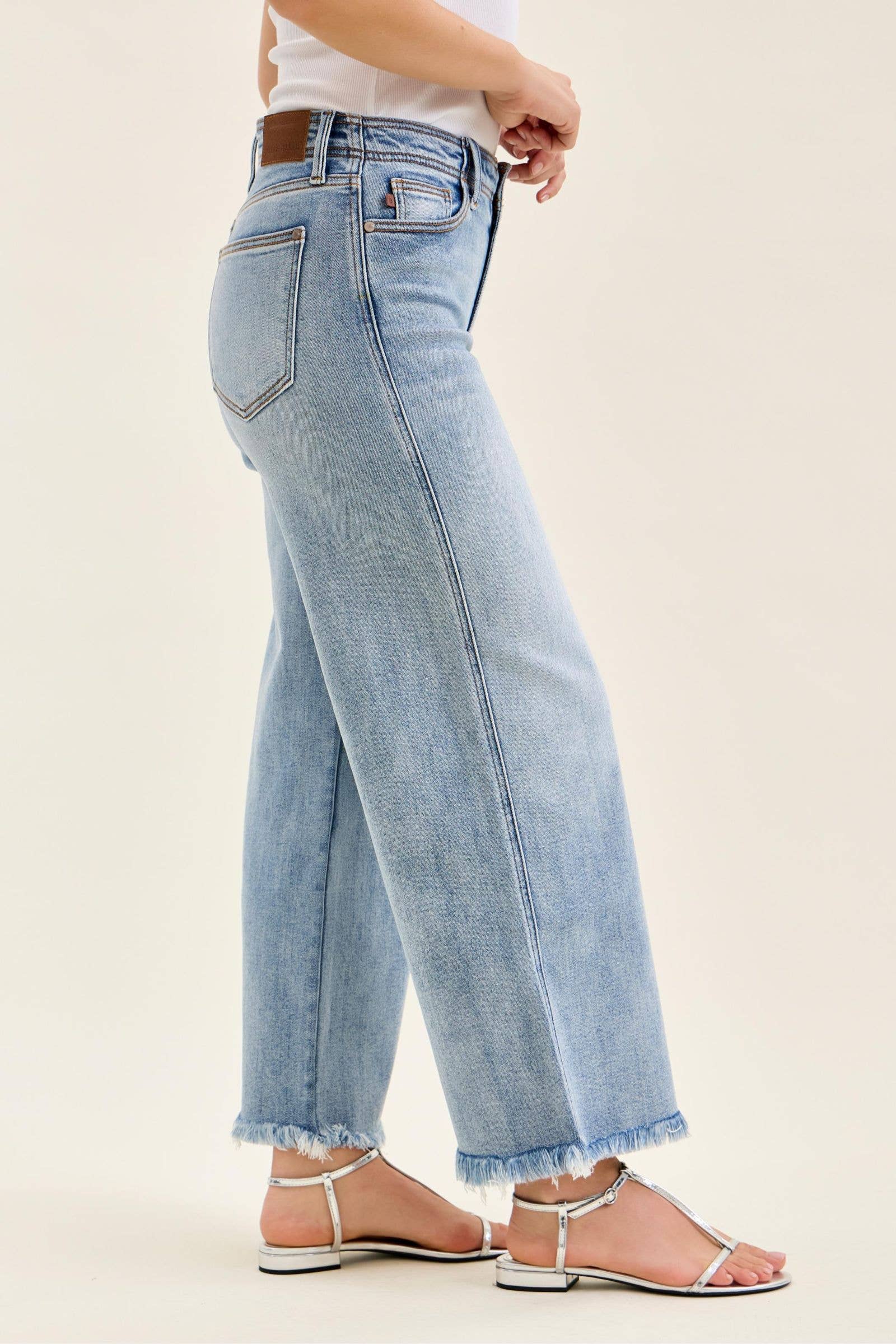 Judy Blue Mid Rise Light Wash Ankle Wide Leg Jeans with Hollywood Waistband & Fray Hem