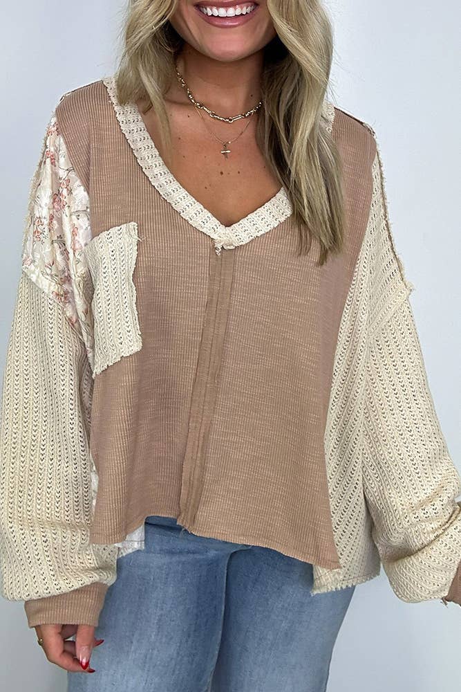 Floral Waffle Knit Color Block Pullover Top CY163