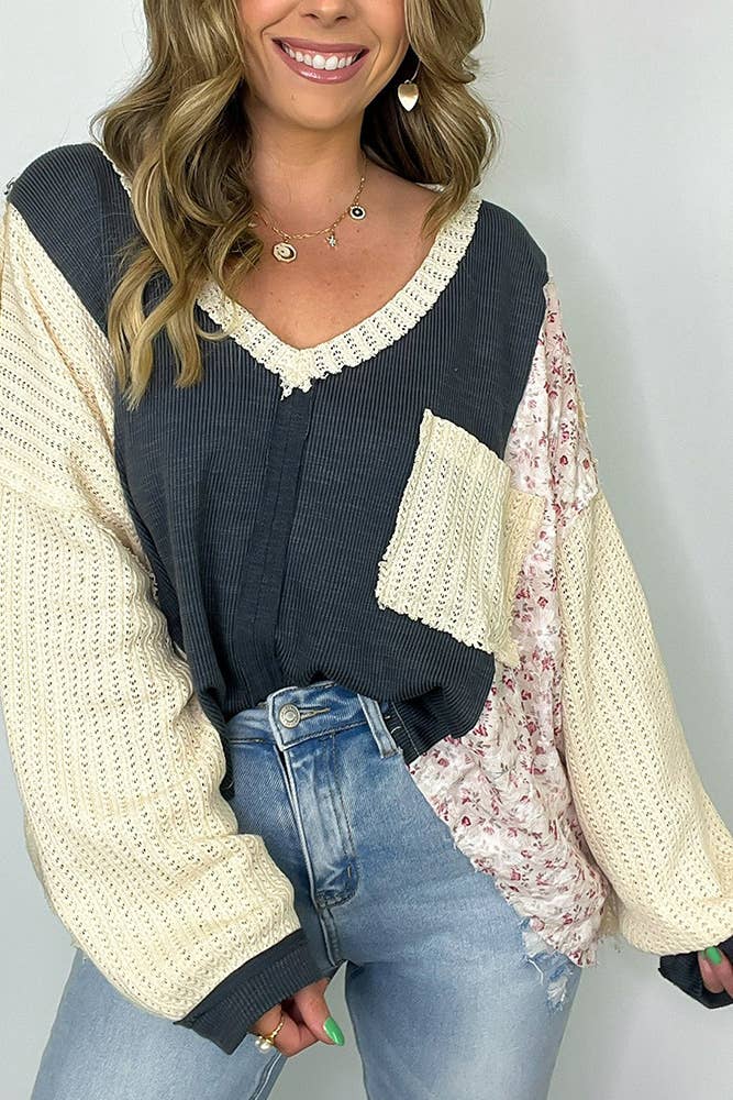 Floral Waffle Knit Color Block Pullover Top CY163