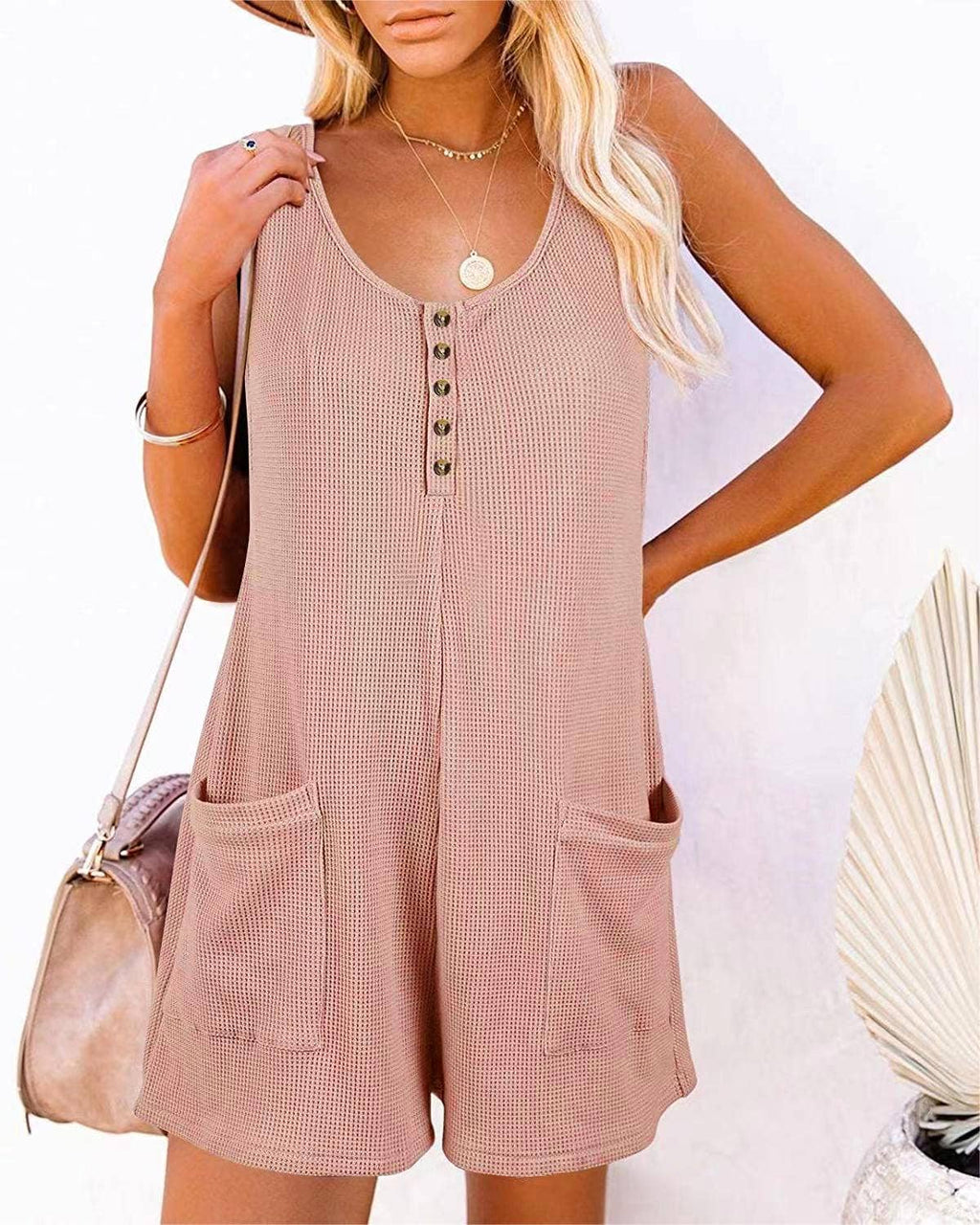 Henley waffle romper pocket short jumpsuit