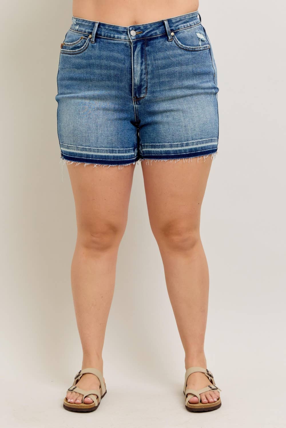 MR Tummy Control Vintage Wash Release Hem Shorts - PLUS