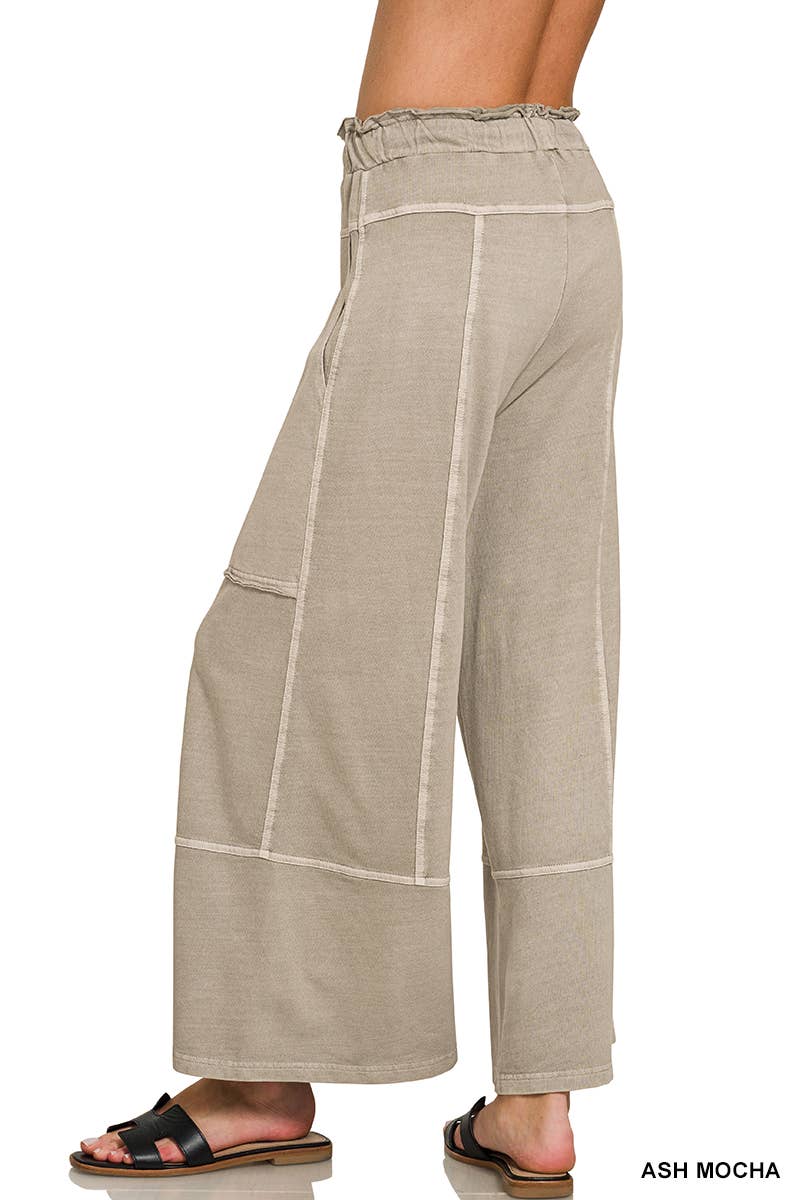 French Terry Washed Wide Leg Pants w/ Pockets - Zenana