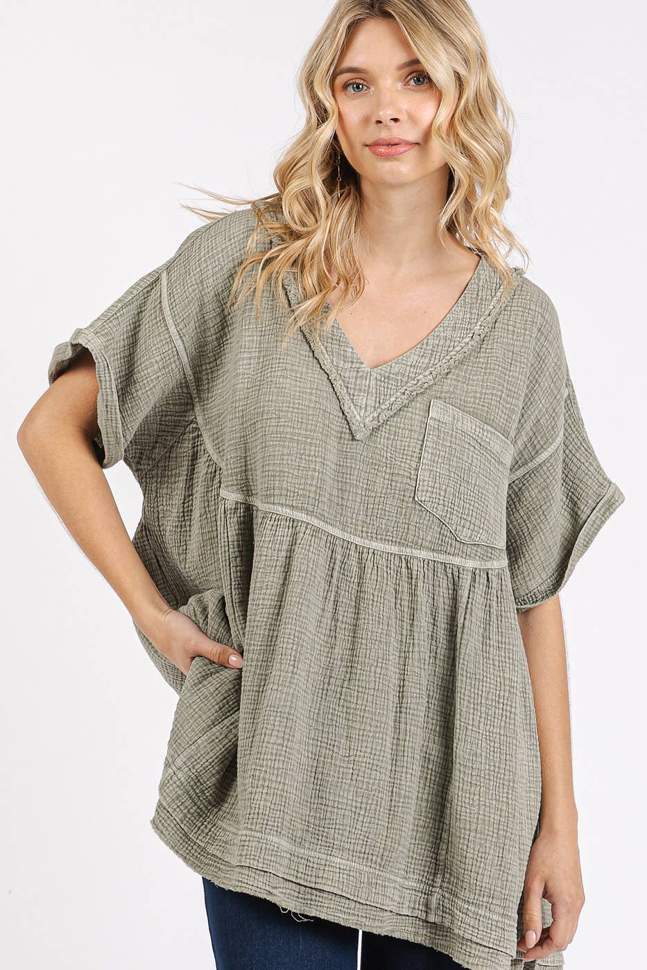 MINERAL WASH GAUZE BABYDOLL V-NECK OVERSIZED TOP