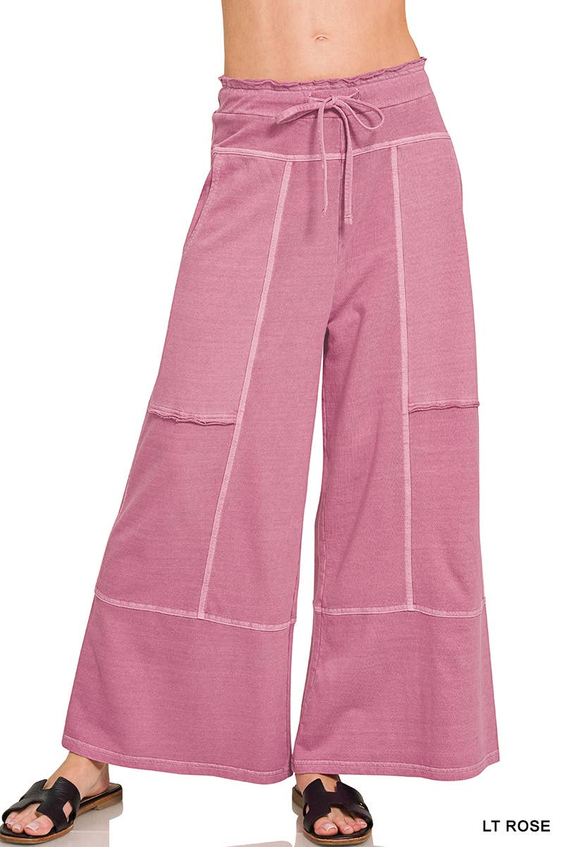 French Terry Washed Wide Leg Pants w/ Pockets - Zenana