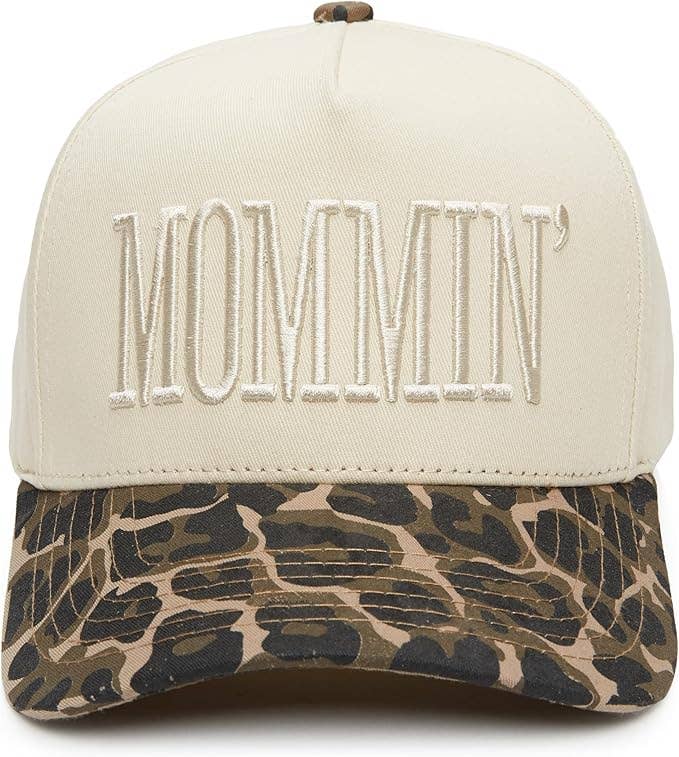 Two Tone Embroidered Cap: Mommin - Leopard/Beige