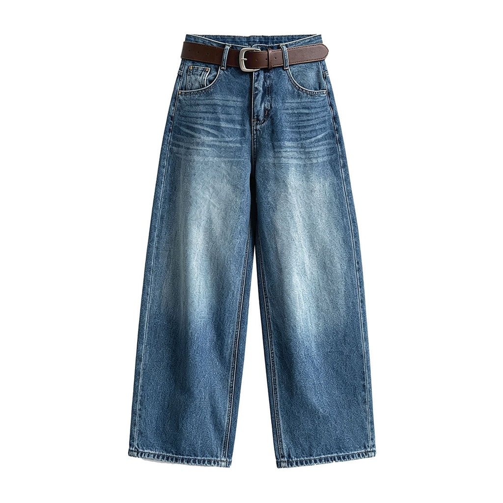 Cotton Vintage High-Waisted Wide-Leg Jeans for Women, Autumn Washed Gradient Straight Leg Long Pants