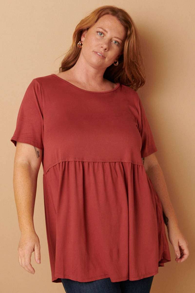 CT9069PL-PLUS DTY ROUND NECK BABYDOLL KNIT TOP