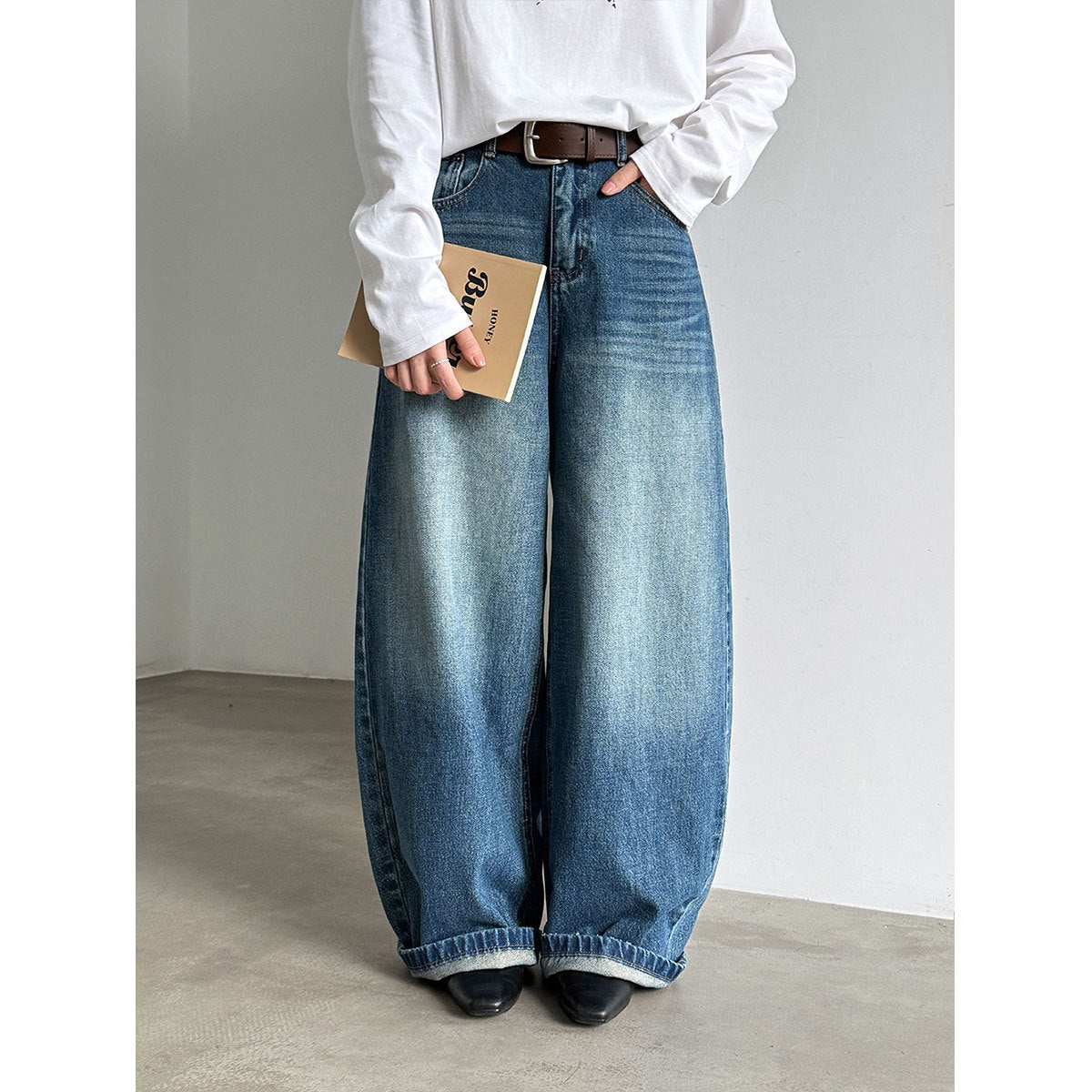 Cotton Vintage High-Waisted Wide-Leg Jeans for Women, Autumn Washed Gradient Straight Leg Long Pants