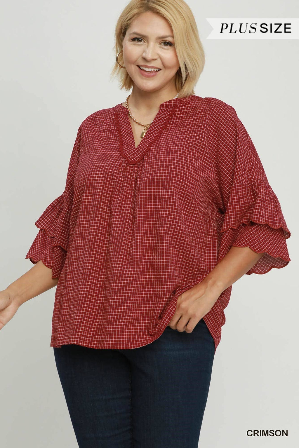 Plus Checkered Tiered Ruffle Sleeve Blouse