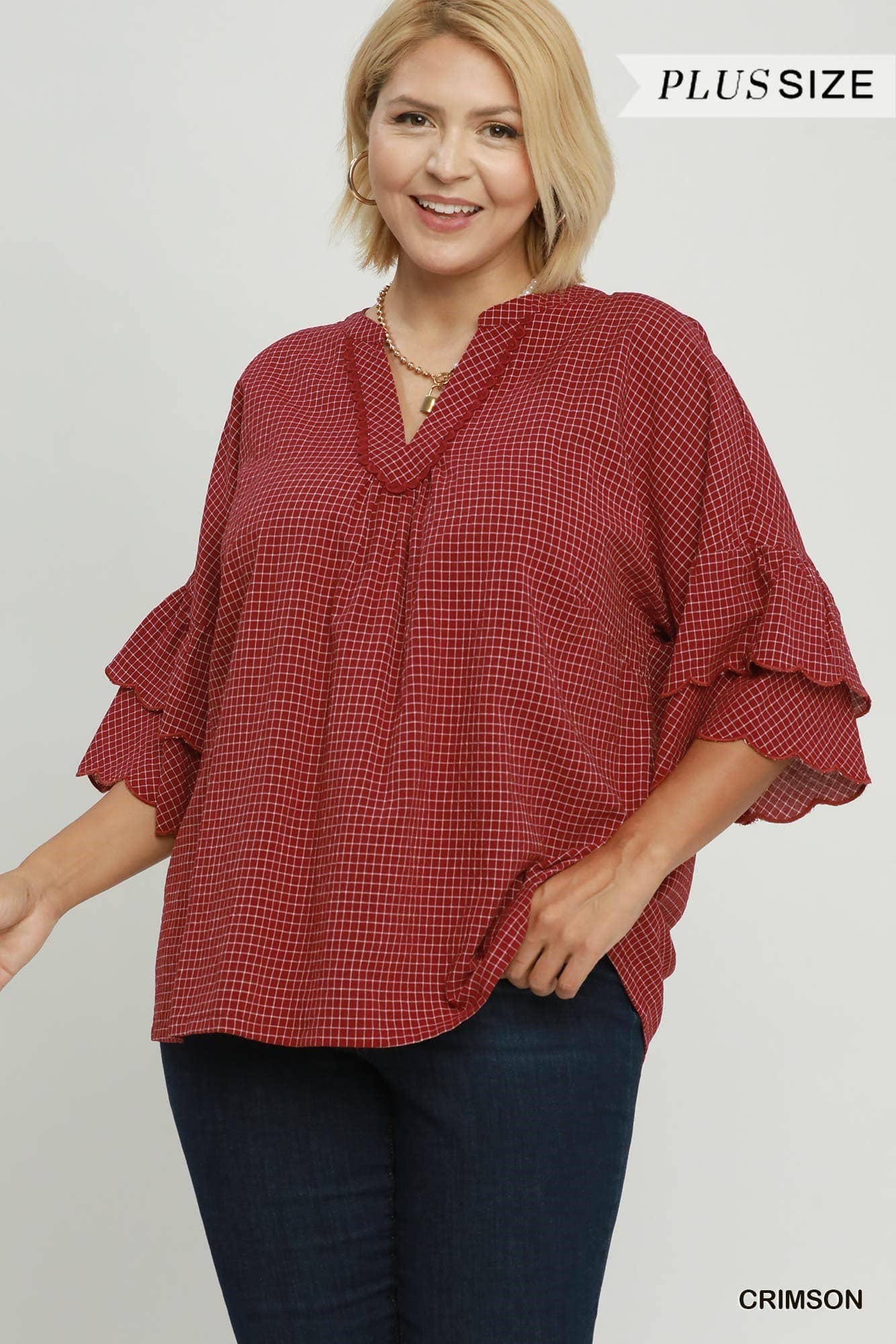 Plus Checkered Tiered Ruffle Sleeve Blouse