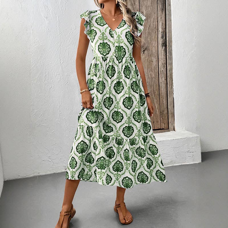Loose-Fit Deep V-Neck Floral Print Maxi Dress