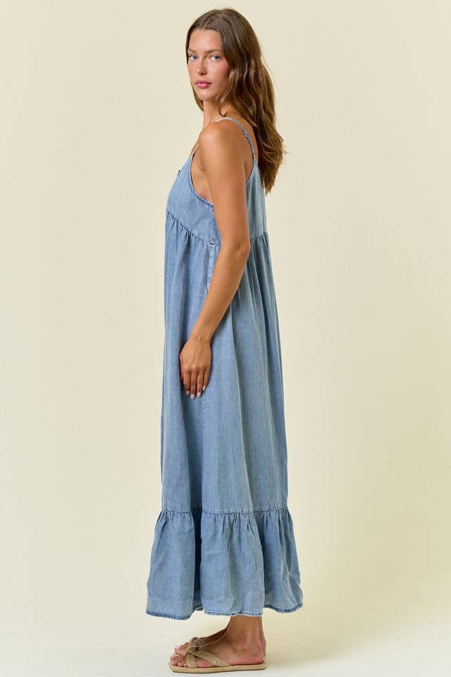 Tencel Chambray Tiered Ruffled Skirt Midi Dress - 28028D