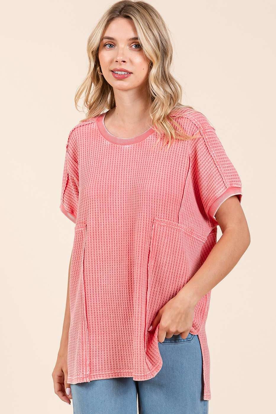 MINERAL WASH WAFFLE KNIT SEAM DETAIL TUNIC TOP